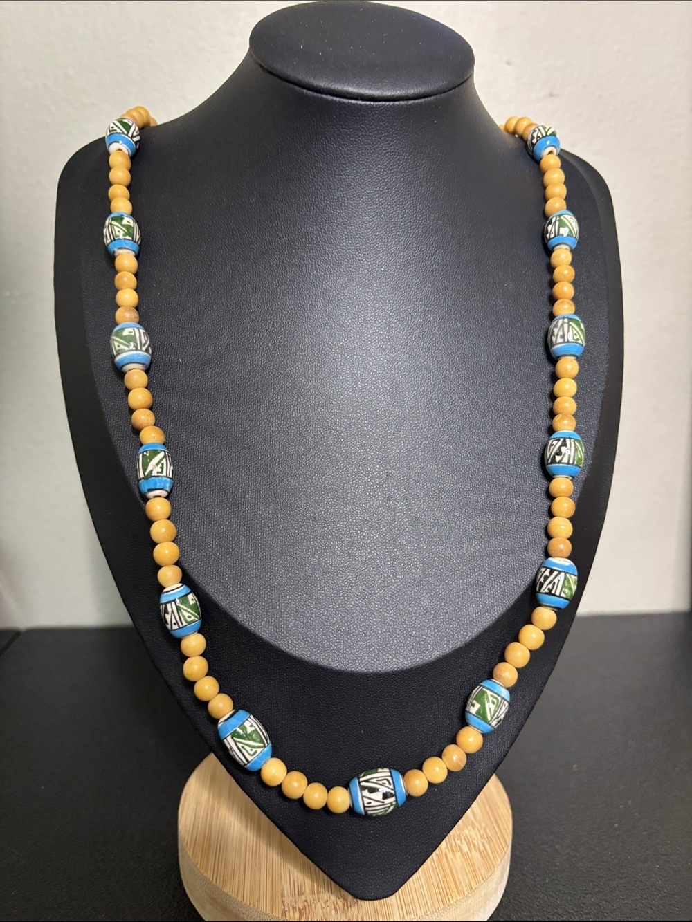 Handcrafted Wood Painted Boho Yellow and Blue Beaded Necklace